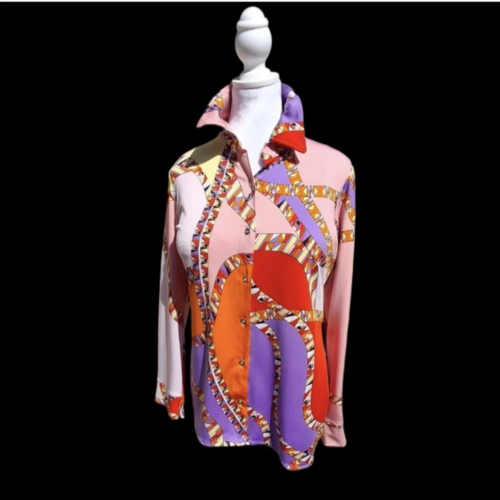 Julian Chang Designer Multicolor  Button-up Long Sleeve Blouse Women Size Medium - Picture 15 of 15